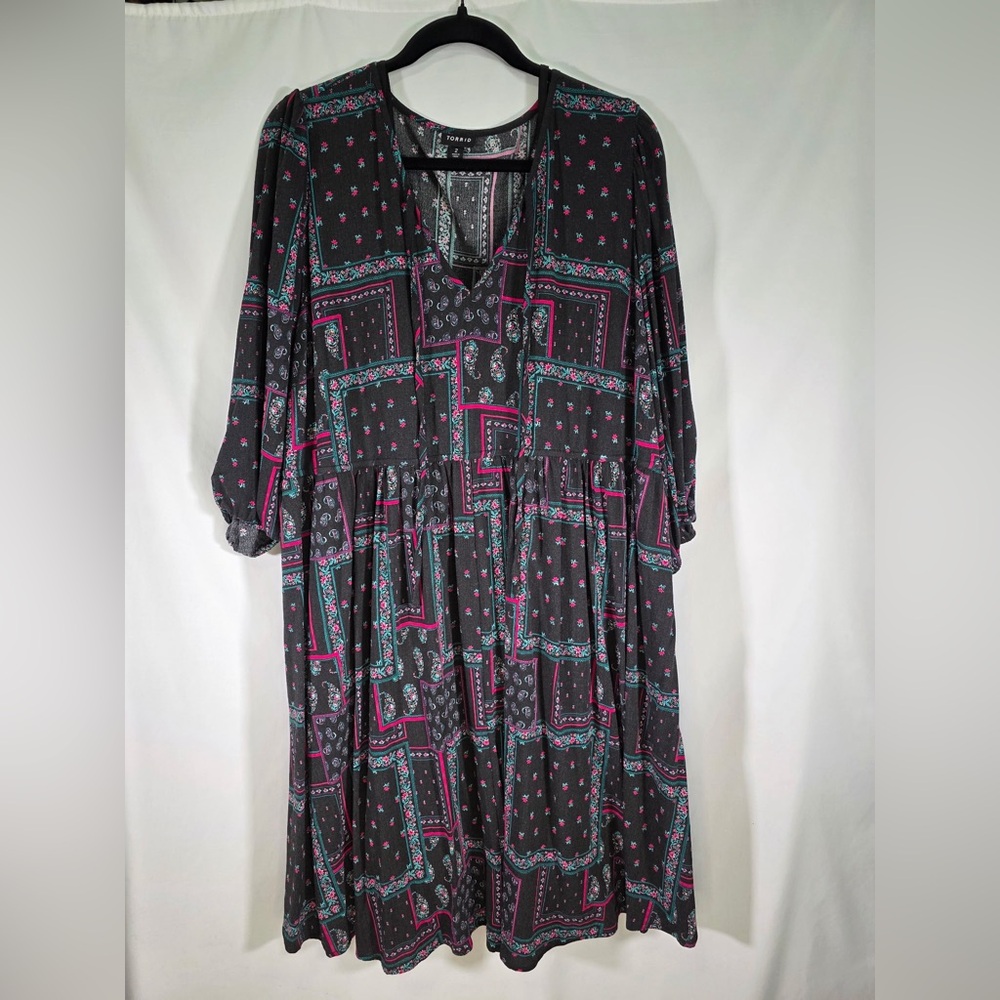 Torrid Midi Dress - Black with Pink and Green Pattern - 2X